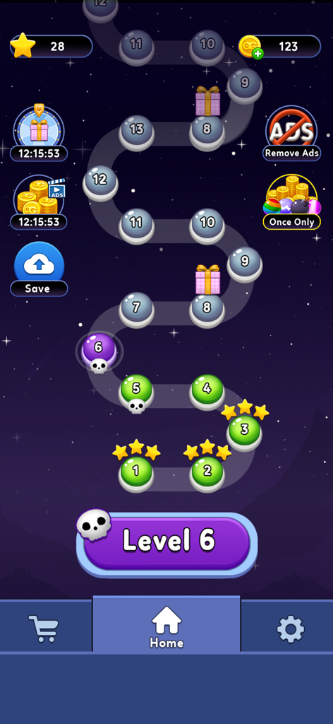 Bubble Pop Shooter Puzzle Game - The level progression map of Bubble Pop Shooter Puzzle Game featuring a winding path through a starry space theme.