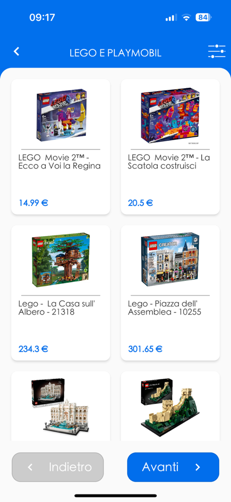 Punto Rigenera - Vista catalogo prodotti di set LEGO nell'app mobile Punto Rigenera che mostra vari set e i loro prezzi.