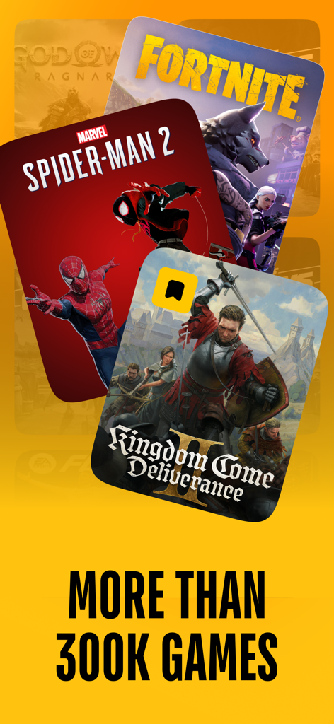 Stash app interface showing a library of over 300,000 video games including titles like Spider-Man 2 and Fortnite