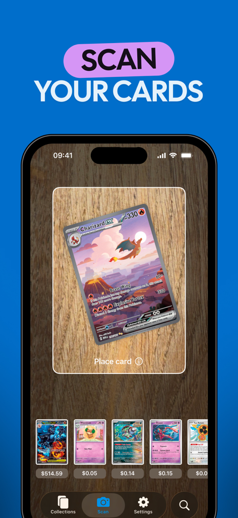 Poke Card Value Scanner TCG - Mobile app interface scanning a pokemon card to determine its market price