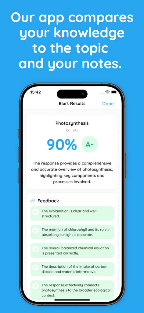Blurt app screen showing active recall results with score and detailed AI feedback