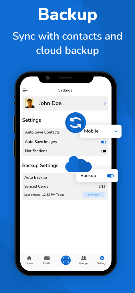 Settings screen of the business card scanner app showing cloud backup and contact sync options