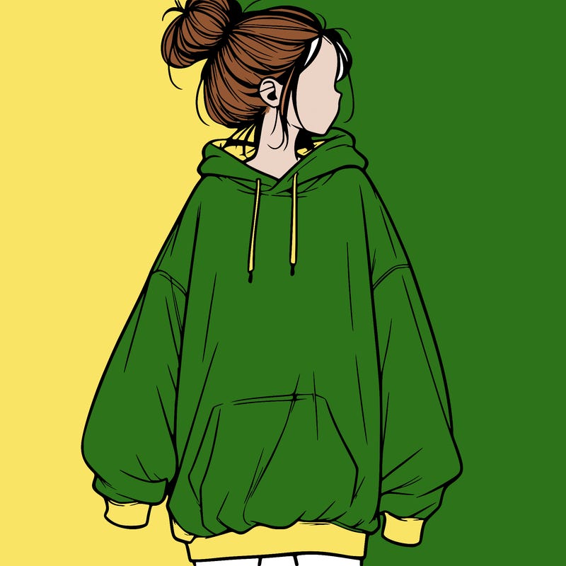 realistic girl with a oversized sweatshirt on and a bun