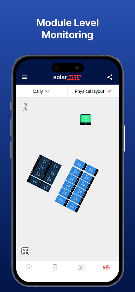 Interface of the mySolarEdge app showing a physical layout of solar panels with individual module energy production data