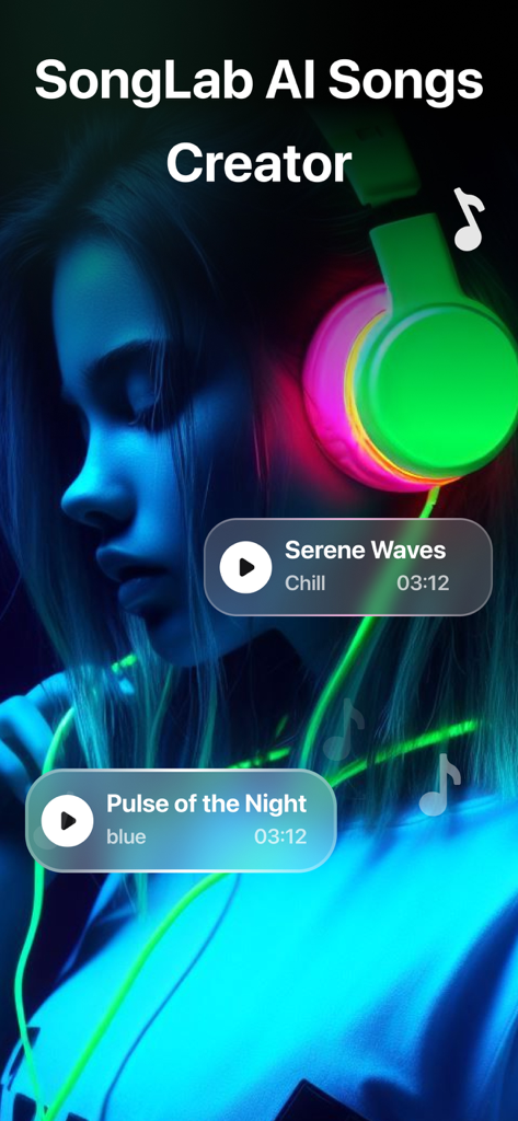 AI Song & Music Maker-SongLab - SongLab AI music creator showing a person with neon headphones and song previews