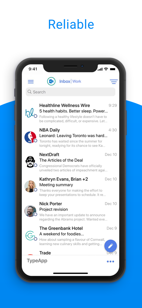 TypeApp Email, Mail & Exchange - Screenshot dell'app email TypeApp che mostra una casella di posta di lavoro organizzata con avatar dei mittenti e loghi su un dispositivo mobile.