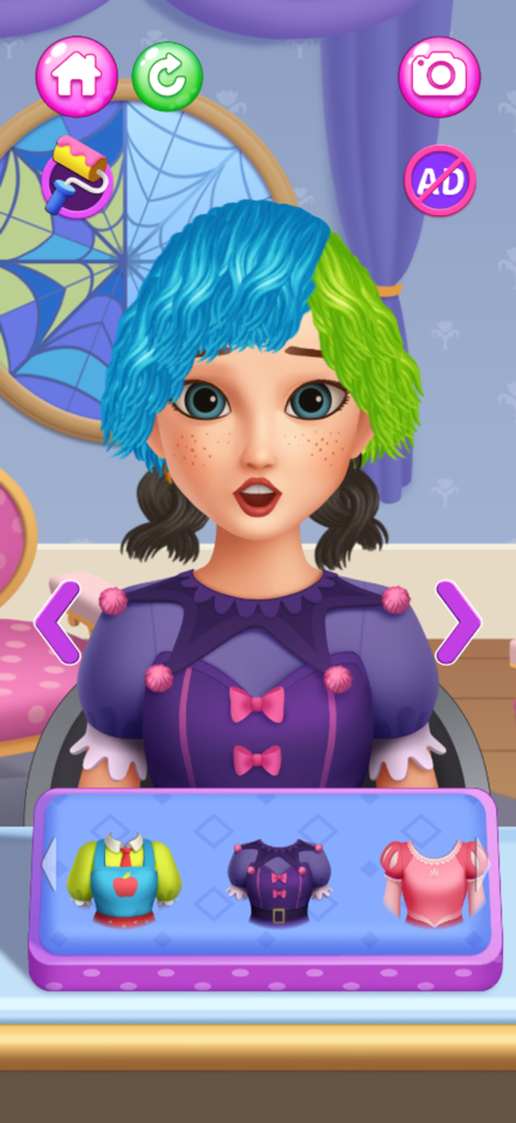 Uma personagem com cabelo colorido no menu de 'dress up' do jogo Salão de Cabelo Salão de Beleza.
