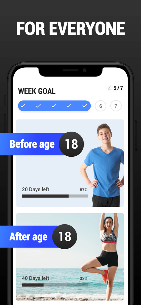 Teen Workout & Meal Plan - 18歳未満と18歳以上のユーザー向けのフィットネスプランと週ごとの目標トラッカーを示すモバイルアプリのインターフェース