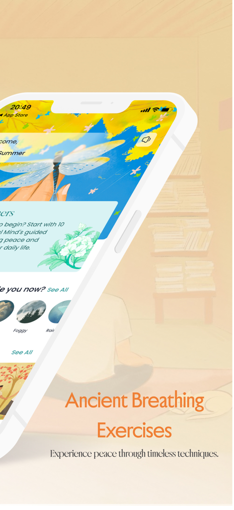 A mobile phone displaying The Restful Mind app screen featuring ancient breathing exercises and calming nature sounds.