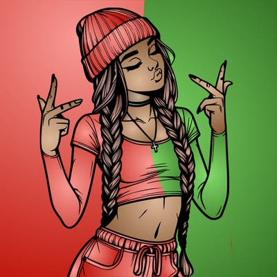 realistic teenage girl with braids and a beanie and crop top doing 🫶🏼