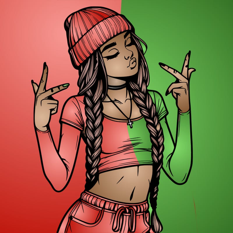 realistic teenage girl with braids and a beanie and crop top doing 🫶🏼