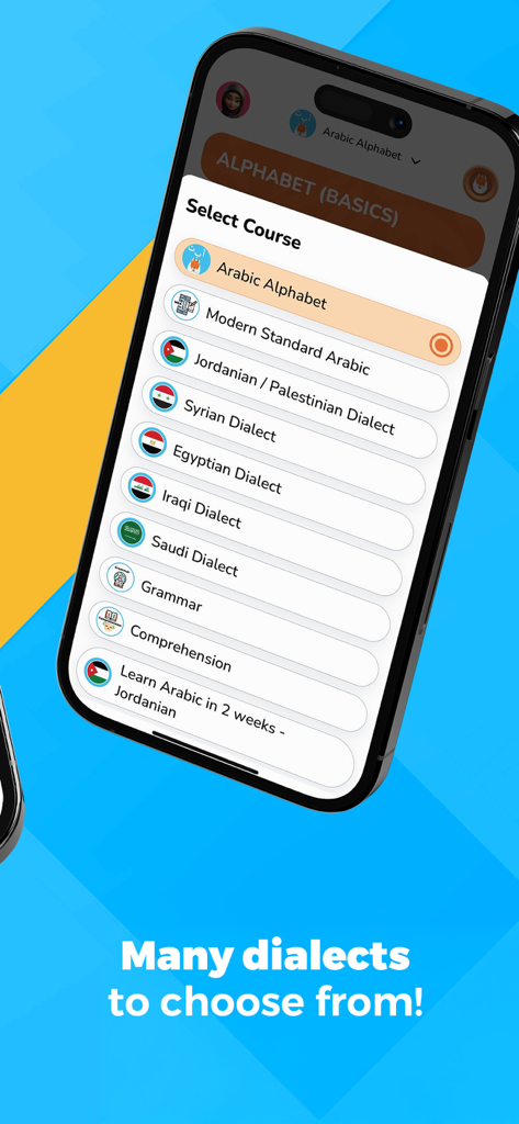 Kaleela・Learn Arabic Language - Interfaz de la aplicación Kaleela mostrando una lista de dialectos y cursos de árabe para elegir.