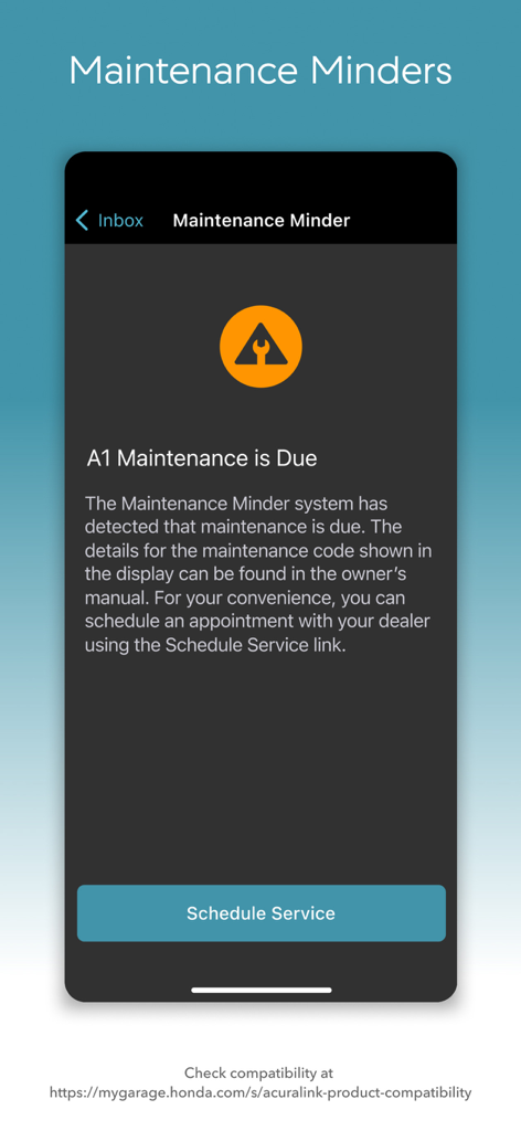Schermata dell'app AcuraLink che mostra un avviso di manutenzione e un pulsante per programmare il servizio