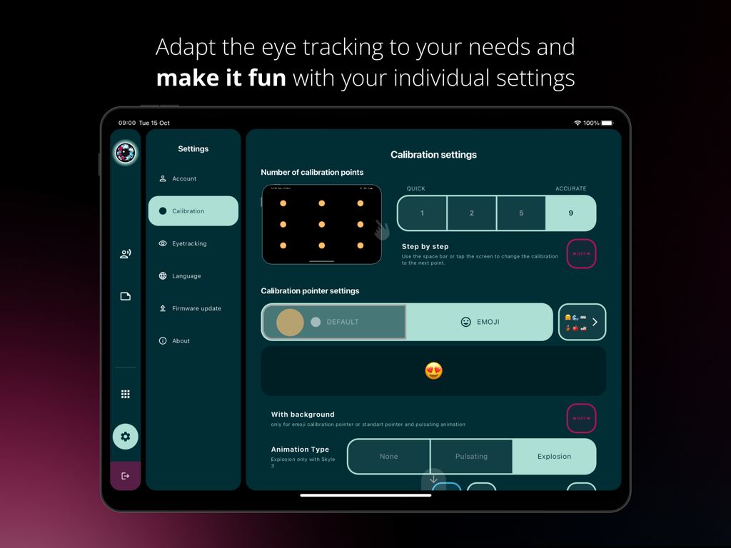 Skyle X - Skyle X app interface on iPad showing eye-tracker calibration settings with customizable pointer options and animations.