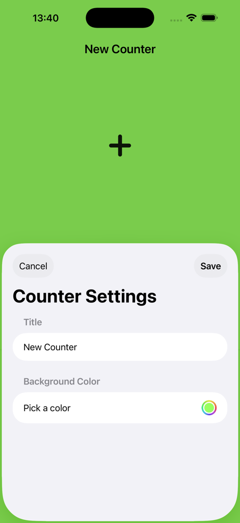 Any Counter: Endless Counter - Interface of Any Counter app showing settings to customize a new counter with a title and background color.