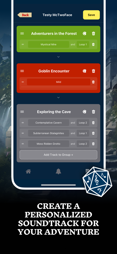 Tabletop Tunes - RPG Music App - Benutzerdefinierte RPG-Soundtrack-Builder-Oberfläche in der Tabletop Tunes App mit kategorisierten Musiktiteln für Wald- und Höhlenumgebungen.