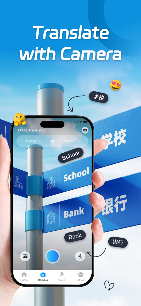 AI Translate - Translator - A smartphone using the AI Translate app to translate street signs from Chinese to English in real time using the camera