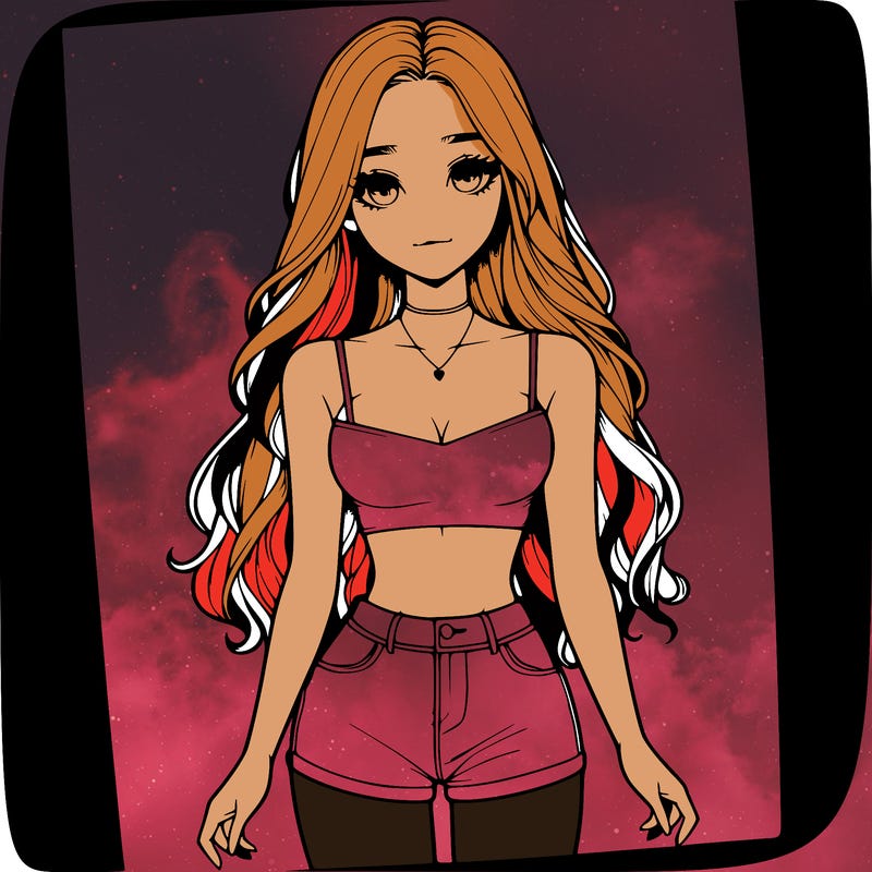 a realistic girl with long hair and in a crop top and shprts
