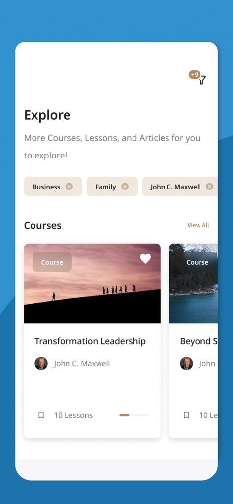 JMLF iTransform - JMLF iTransform app Explore screen displaying leadership courses and category filters like Business and Family