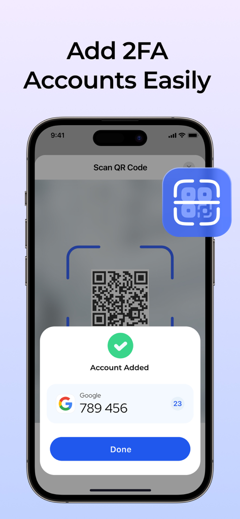 Interface de l'application d'authentification montrant un code QR scanné pour ajouter un compte 2FA pour Google