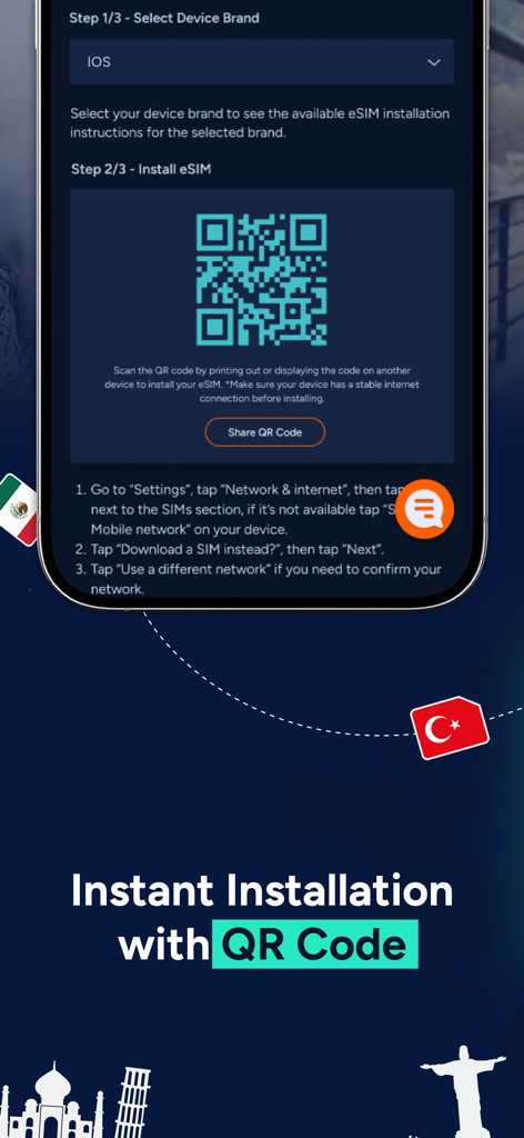 WowoSim - WowoSim app interface showing the steps for instant eSIM installation using a QR code for international travelers.