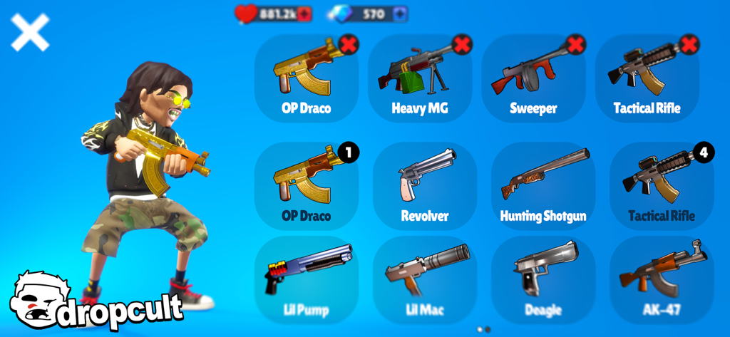 dropcult - Dropcult mobile game screenshot showing a character and a grid of customizable weapons including rifles shotguns and pistols