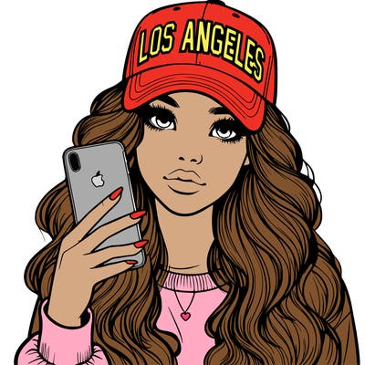 realistic beautiful girl wearing los ángeles cap holding an iphone