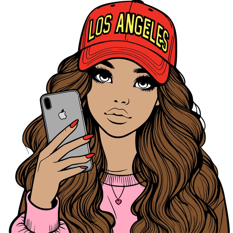 realistic beautiful girl wearing los ángeles cap holding an iphone