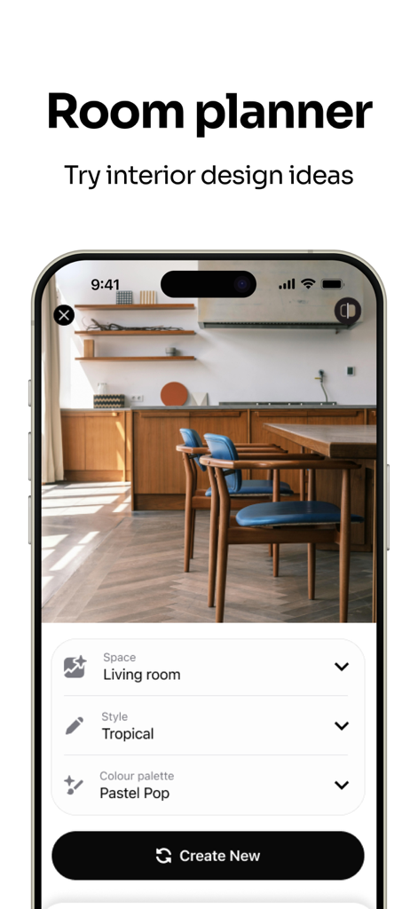 Homeai Reroom Ai Decor Spacely - Interface of the Homeai app showing room planner with tropical style and pastel color selection