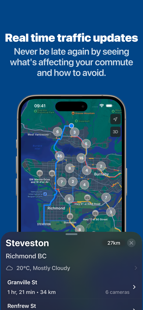 Real-time traffic map of Vancouver and Richmond showing road camera locations and commute updates
