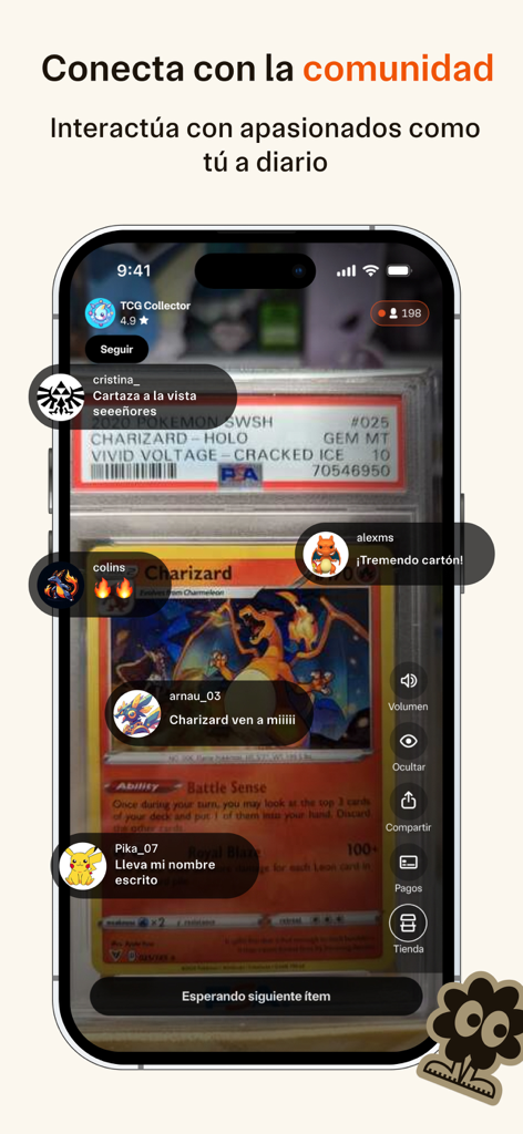 Una subasta en vivo de una tarjeta Pokémon Charizard Holo PSA 10 en la aplicación Geek con chat comunitario en tiempo real