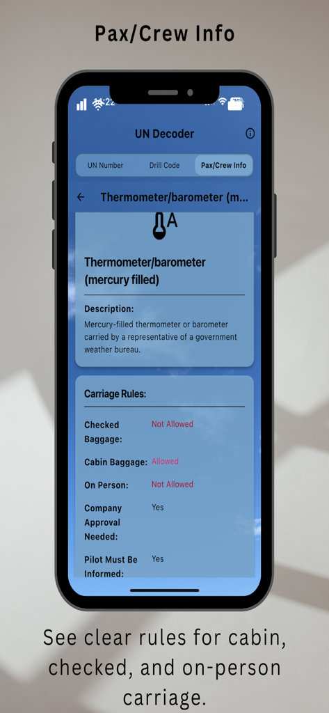 UN Decoder & Hazmat - Tela do aplicativo Decodificador UN mostrando as regras de transporte de bagagem de passageiros para um termômetro com mercúrio