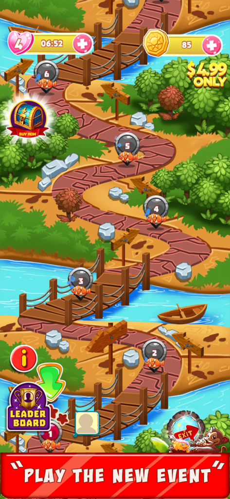 Mapa de progresión que muestra niveles y tierras de fantasía en Mahjong Quest