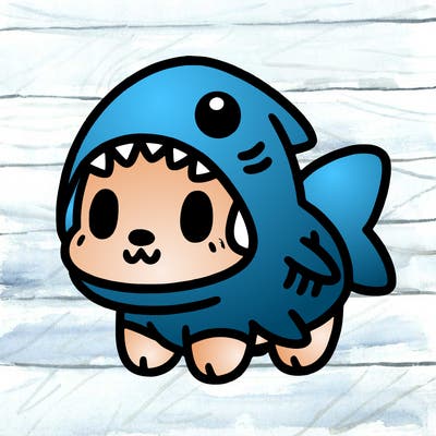 cute dog wearing a shark costume