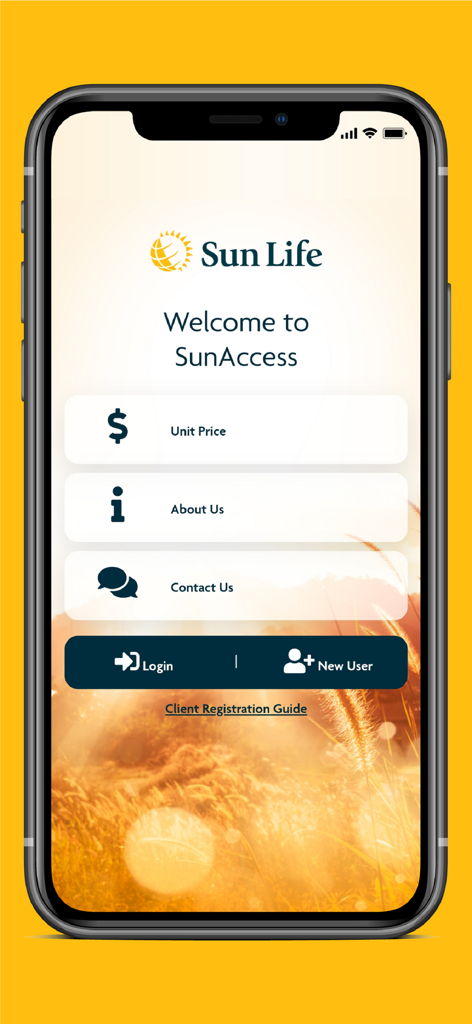 Welcome screen of the SunAccess Malaysia mobile app featuring login and registration options