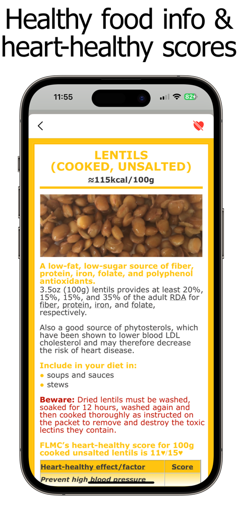 Iron Counter and Tracker - Nutritional data for cooked lentils in the Iron Counter and Tracker app featuring RDA percentages and a heart-healthy score.