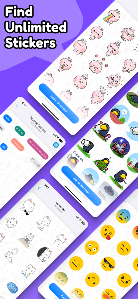 Divers packs d'autocollants présentant des animaux mignons et des bulles de texte personnalisées dans l'application BubbleX