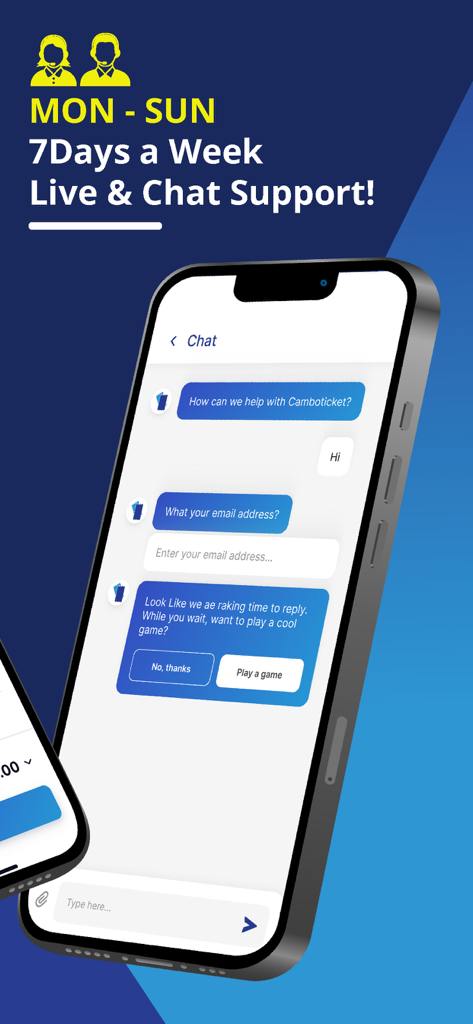 Camboticket - Mobile screen showing Camboticket 24/7 live chat support interface on a smartphone