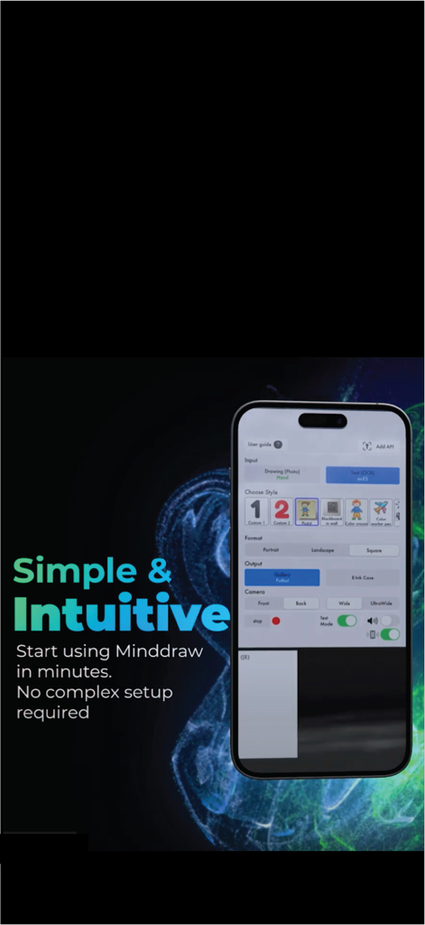 MindDraw - A screenshot of the MindDraw app interface showing various setup options for magic and mentalism routines including drawing input and output format settings