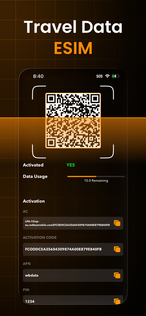 Temp Number - Temphone - Bildschirm zur Aktivierung von Reise-eSIM-Daten mit QR-Code und Datennutzungsverfolgung in der Temphone-App.