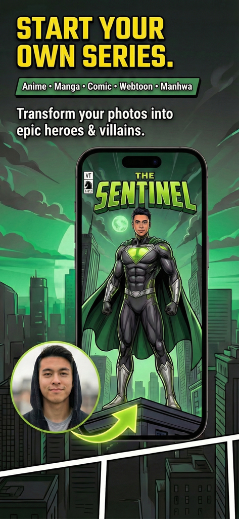 INKY: AI Manga, Comic & Anime - A smartphone screen displaying the INKY app transforming a user's photo into an AI-generated superhero comic character.