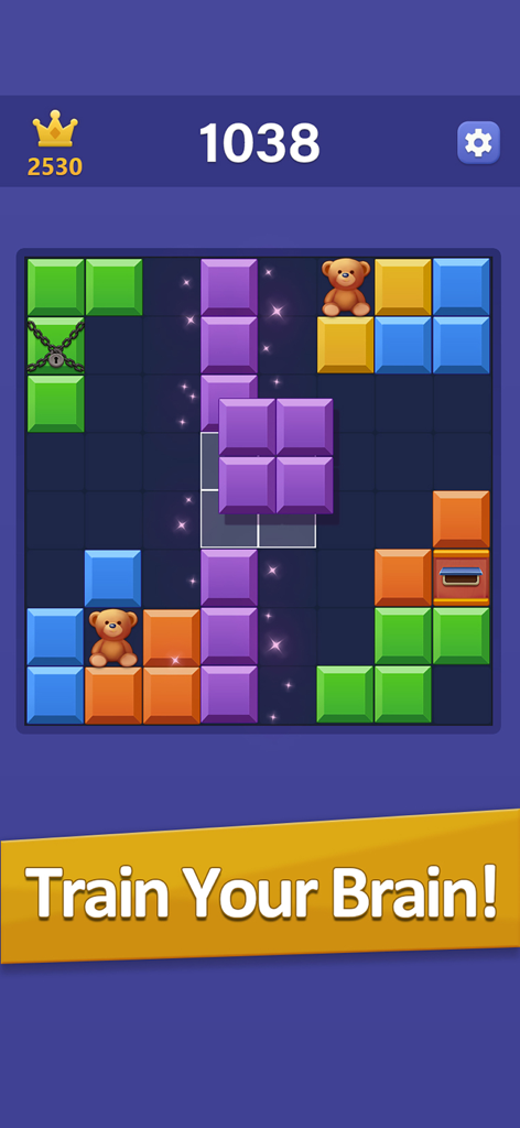 A gameplay screenshot of Color Block Puzzle featuring colorful squares on a grid with the slogan Train Your Brain