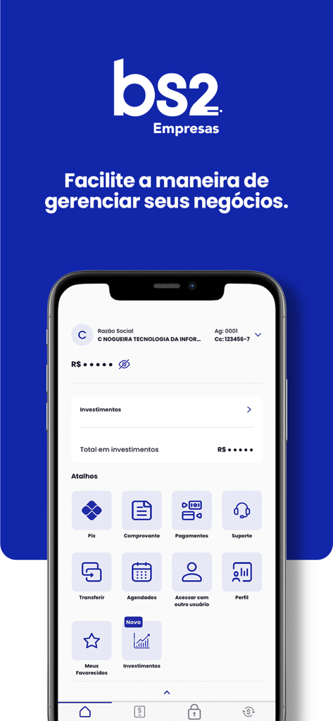 Interface of the Banco BS2 business banking mobile application