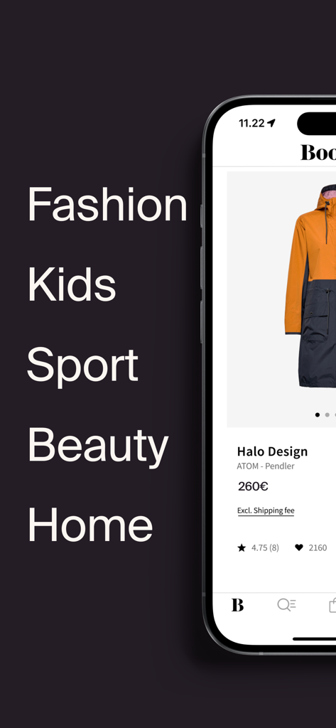 Boozt mobile app interface showing categories like Fashion, Kids, and Sport alongside a premium jacket product page.