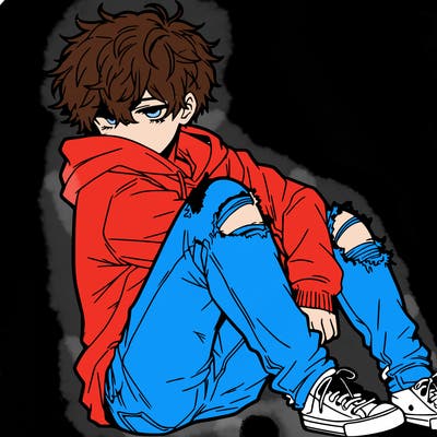 a male hoddie ripped jeans messy hair anime