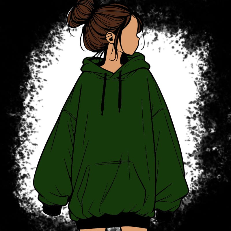 realistic girl with a oversized sweatshirt on and a bun