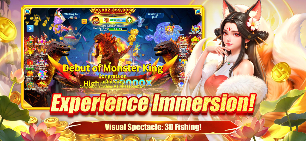 Fishing Party-Happy Casino - Captura de tela do jogo Fishing Party com o chefe Monster King e uma personagem garota raposa