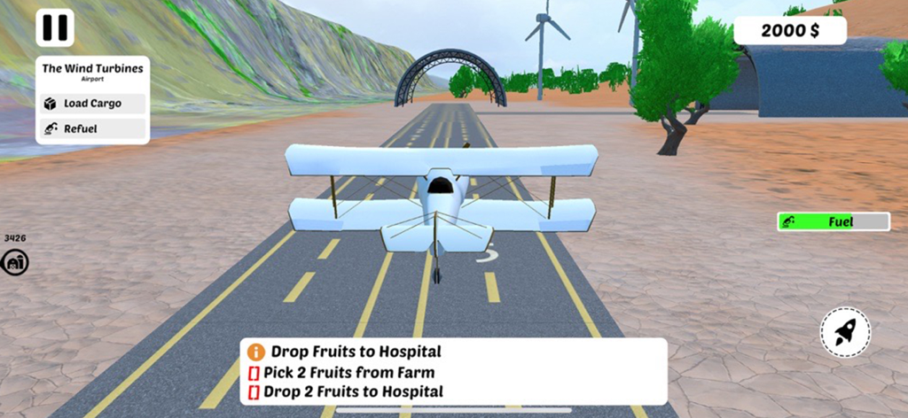 Paper Sim Flying Plane Games - Gameplay of Paper Sim Flying Plane Games showing a light blue biplane on a runway at an airport with mission objectives