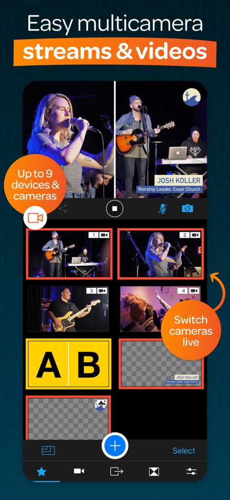 Switcher: Live Streaming App - ライブ音楽パフォーマンスの複数のカメラアングルを表示するモバイルアプリインターフェース。プロフェッショナルな放送のために切り替えオプションが用意されている。