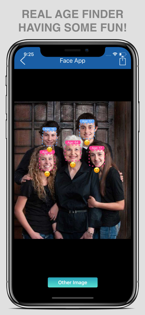 Pro Face Age Calculator app interface showing AI age and emotion detection on a group photo